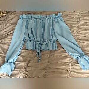 Superdown Off the Shoulder Blue Cropped Top- Long Sleeved